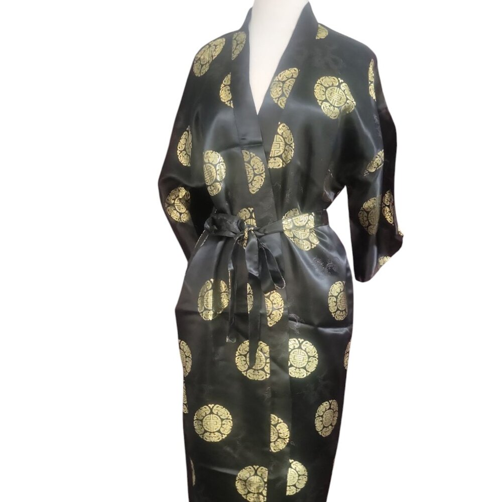 Black Gold Satin Kimono Robe XL